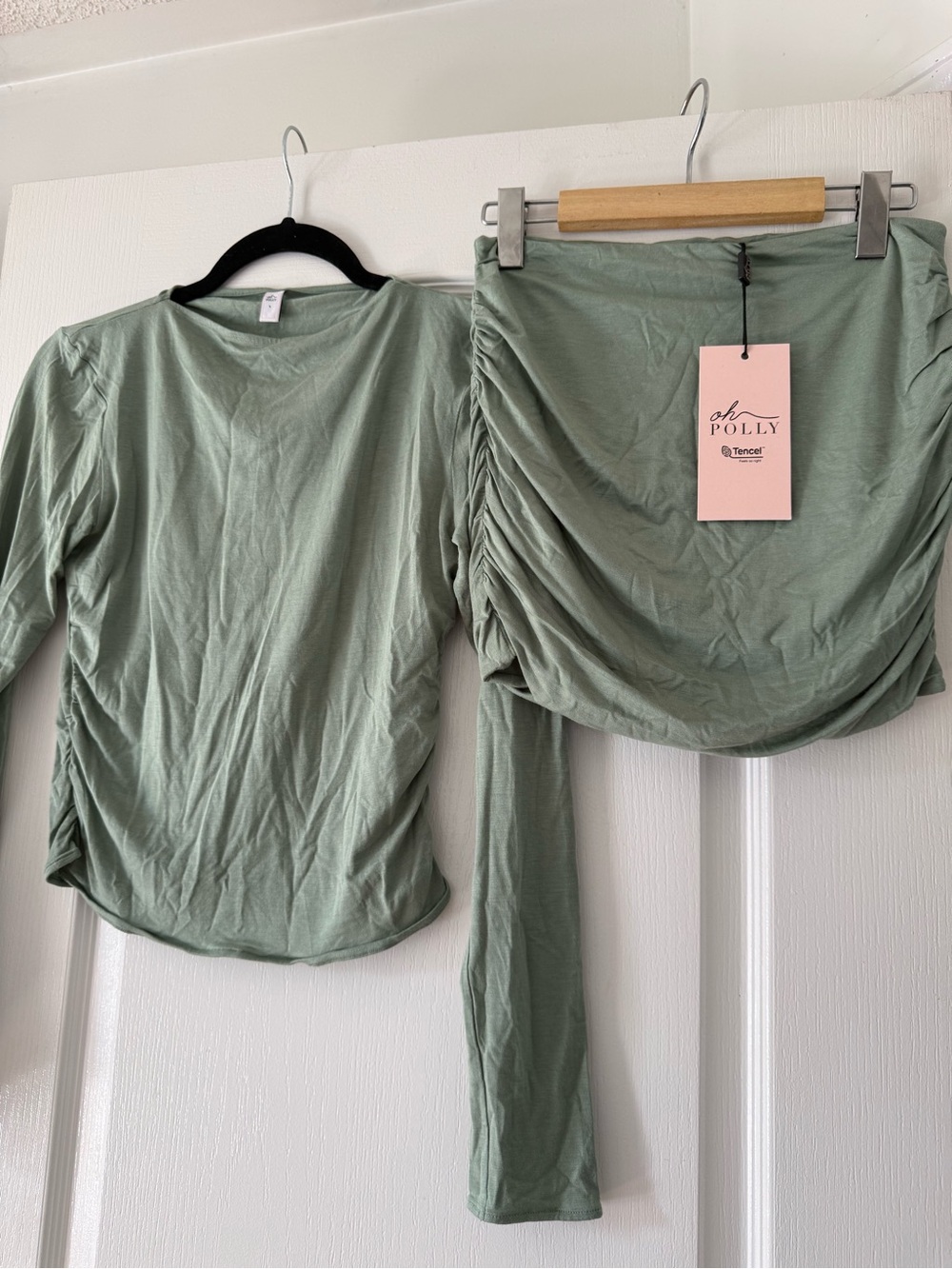 Oh Polly Sage Green Ruched Mini Skirt Set